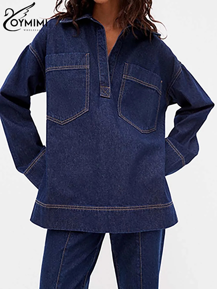Oymimi Fashion Blue Denim Womens 2 Piece Outfit Set Elegant Long Sleeve Pockets Blouses And High Waisted Straight Trousers Sets 241129