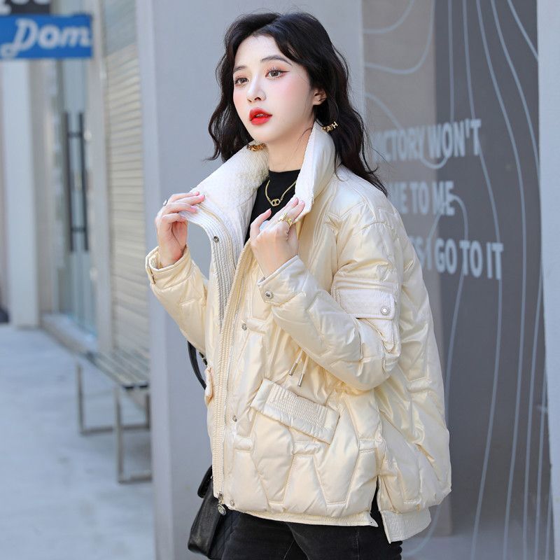 New white duck down short winter version, Korean loose and fashionable women's stand up collar versatile jacket, trendy designer cotton jacket
