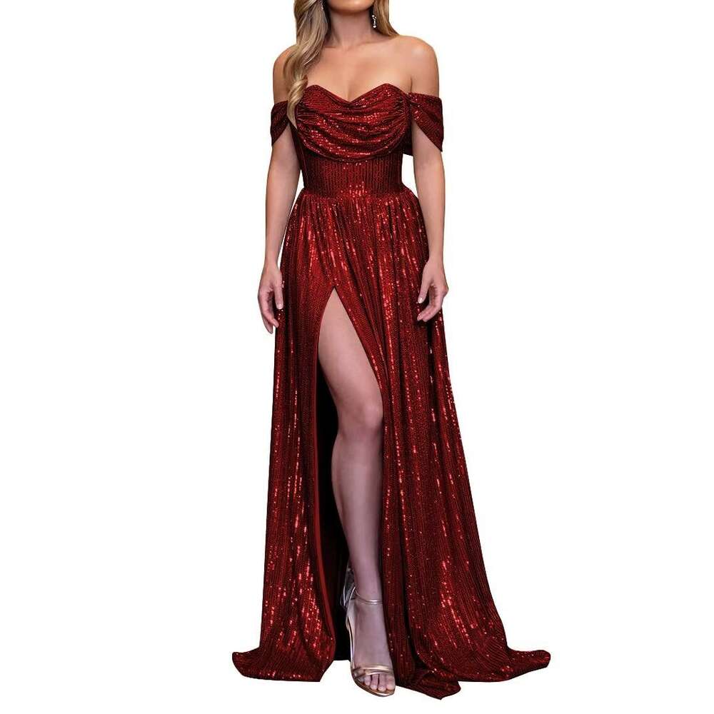 Shoulder Ruched Off Neck Sequin Prom Dresses for Women A Line Formal Evening Gowns with Split prom AMZ MZ
