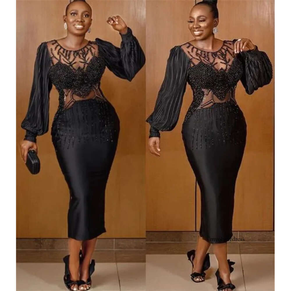 2022 Sexy Plus Size Arabic Aso Ebi Black Prom Dresses Beaded Sheer Neck Tea Length Evening Formal Party Second Reception Gowns 0431