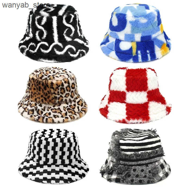 Wide Brim Hats Bucket Winter Women Fashion Print Ladies Warm Panama Hat Wool Soft Velvet Thickened Fur Rabbit Hair Outdoor Fisherman L240910