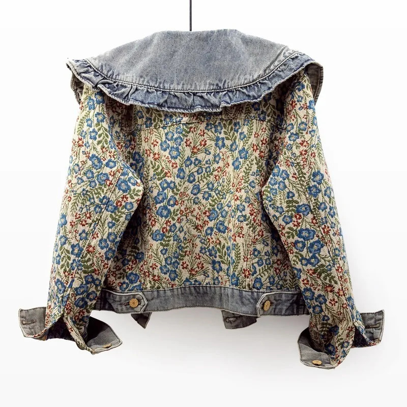 0109 Vintage Denim Jacket Women Slim Single Breasted Short Jeans Ladies Peter Pan Collar Floral Embroidery Spring Autumn 241129