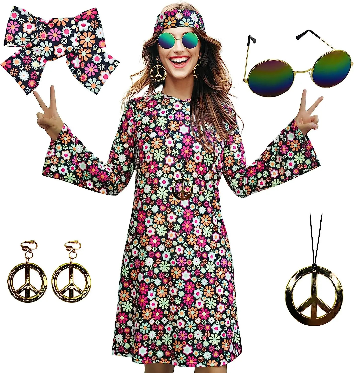 5pcs Set 60s 70s Women Hippie Costume Accessories Hippie Disco Dress Halloween Boho Flared Hippie Dress 240415