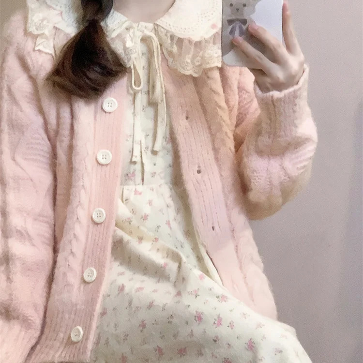 Harajuku Sweet Pink Long Sleeve Knitted Top Y2k Peter Pan Collar Floral Dresses 2024 Autumn Two Piece Sets 241129