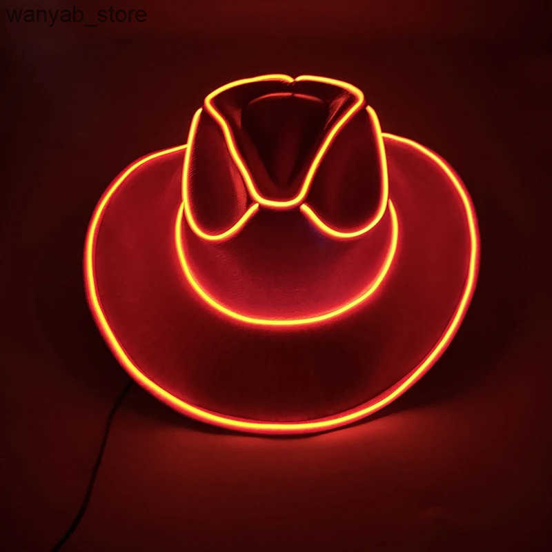 Wide Brim Hats Bucket Western LED Cowboy Hat Cowgirl Retro Light Jazz Top Glowing Bride Cosplay Costume Suit For Women Men L240910