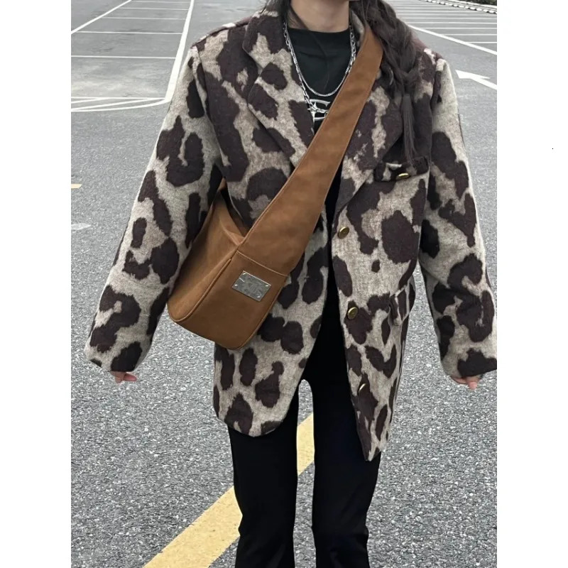 Leopard Print 2024 Winter Temperament Collage Long Sleeve Suit Collar Loose Womens Woolen Coat 241129