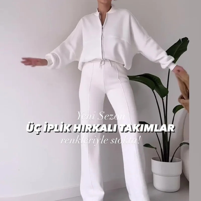 Autumn Winter Thick Sports Two Piece Vintage Set Long Sleeved Solid Womens Suits O Neck Zipper Coat Lace Up Pants Outfits 241129