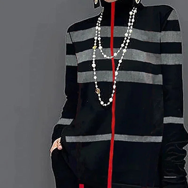 Yeezzi Womens Fashion Two Piece Sets Long Sleeves Loose Striped High Neck TShirts Waist Wide Leg Pants Suits 2024 241129