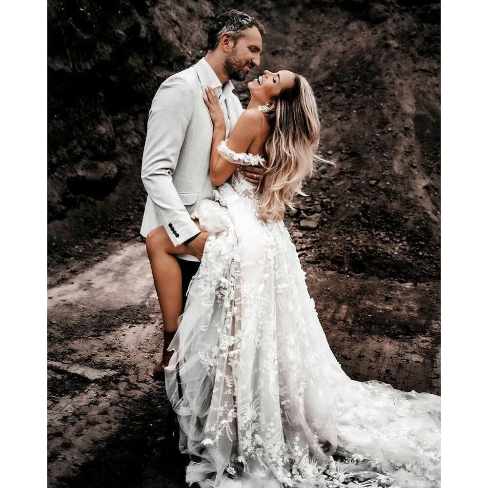 Gown Dresses Bridal Boho Wedding Off The Shoulder Strpas Tulle Lace Applique Sweep Train Custom Made Plus Size Garden Country Vestidos De Novia 666030