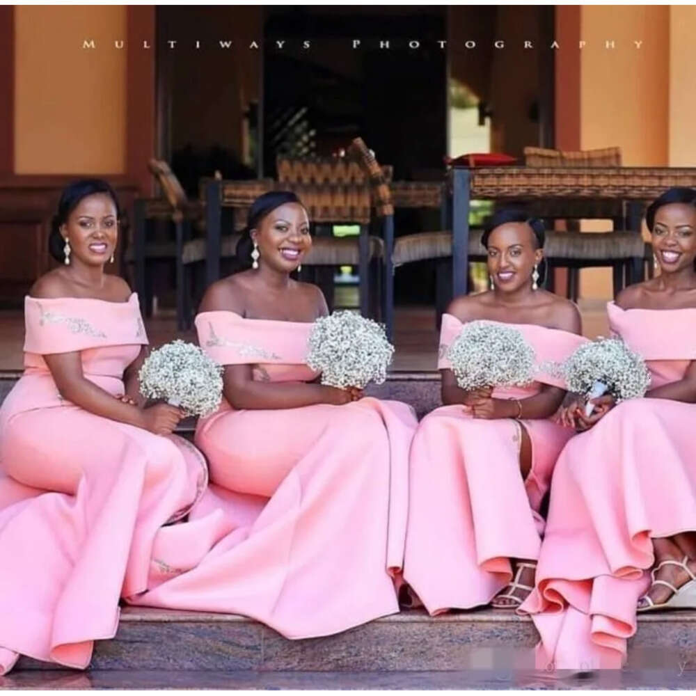 Bridesmaid Pink Plus Dresses Size African Off The Shoulder Appliqued Mermaid Sheath Long Maid Of Honor Gown Custom Made