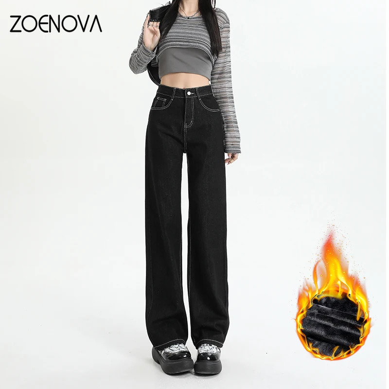 Zoenova Autumn Womens Wool Warm Jeans Fashion Casual Slim Fit High Waist Wide Leg Straight Jeans 241122