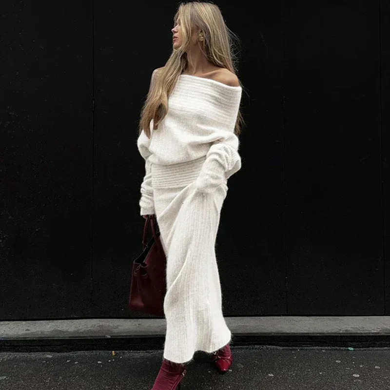 Talenza Knitted Long Skirt 2 Piece Set Womens Solid One Shoulder Sleeve Sweater Pullover Elegant Slim 241129