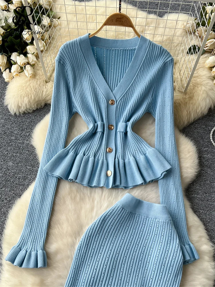 SINGREINY Korean Gentle Slim Two Pieces Set Single Breasted VNeck CardiganHigh Waist Bodycon Mermaid Skirt Knitted Sets 241129