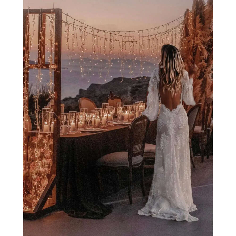 Lace Bohemian V Neck Elegant Dresses Wedding Gown Boho Beach Bridal Dress Long Sleeves Open Back Vestido Novia