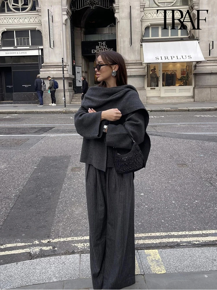 TRAF Womens Autumn and Winter Irregular Scarf Knit Short Coat Casual Solid Color Loose Jacket SingleBreasted Long Sleeve 241121