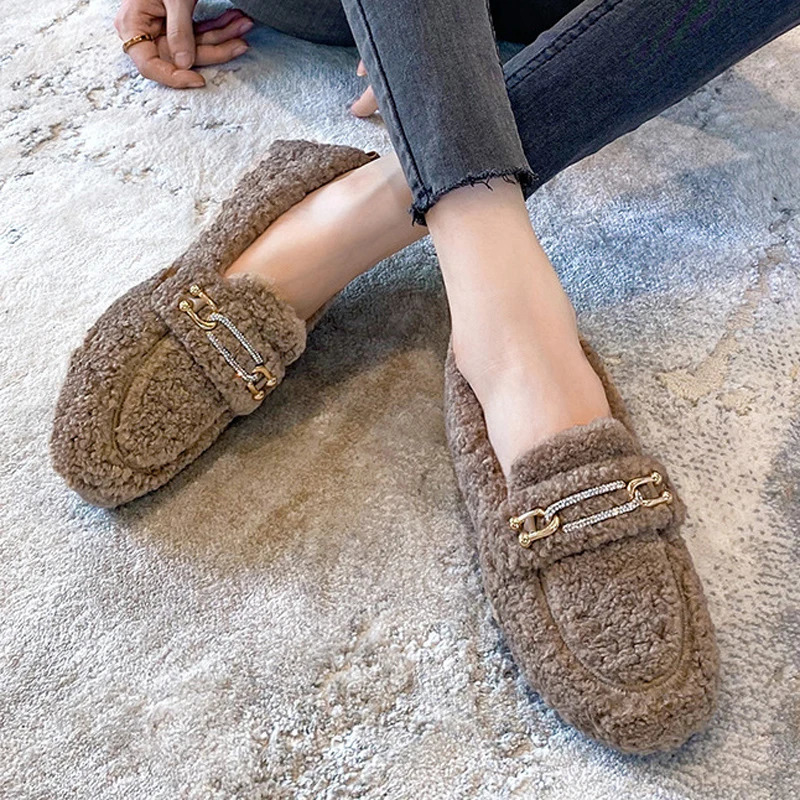Sheep Fur Lined Loafer Lambswool Shoes Ladies Winter Slip On Furry Flats Cotton Wool Mocasine Femme Barefoot Boots 241126