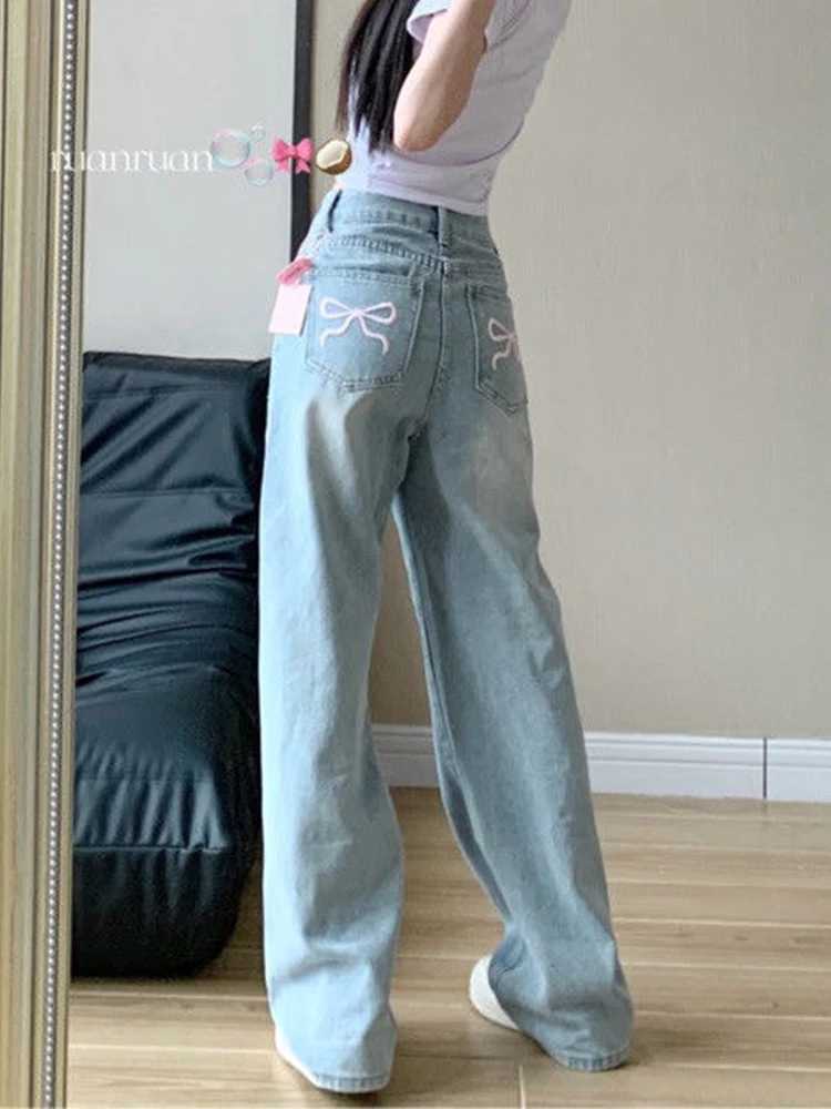 Women's Jeans Korean light blue high waisted wide leg jeans casual and fashionable bag pants embroidered design Vaqueros retro womens jeans H2411