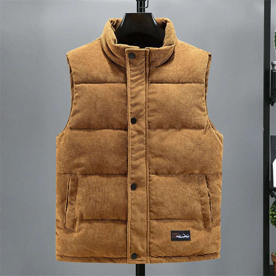 2024 Vest Jacket Mens Autumn Winter Warm Sleeveless Coat Stand Collar Padded Waistcoat Corduroy Work Wear Male Clothes 5XL 241129