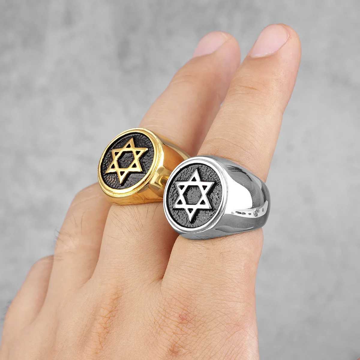 Band Rings Jewish Hexagonal David Star Stainless Steel Mens Ring Punk Hip Hop Mens Bicycle Jewelry Creative Gift Wholesale J240429