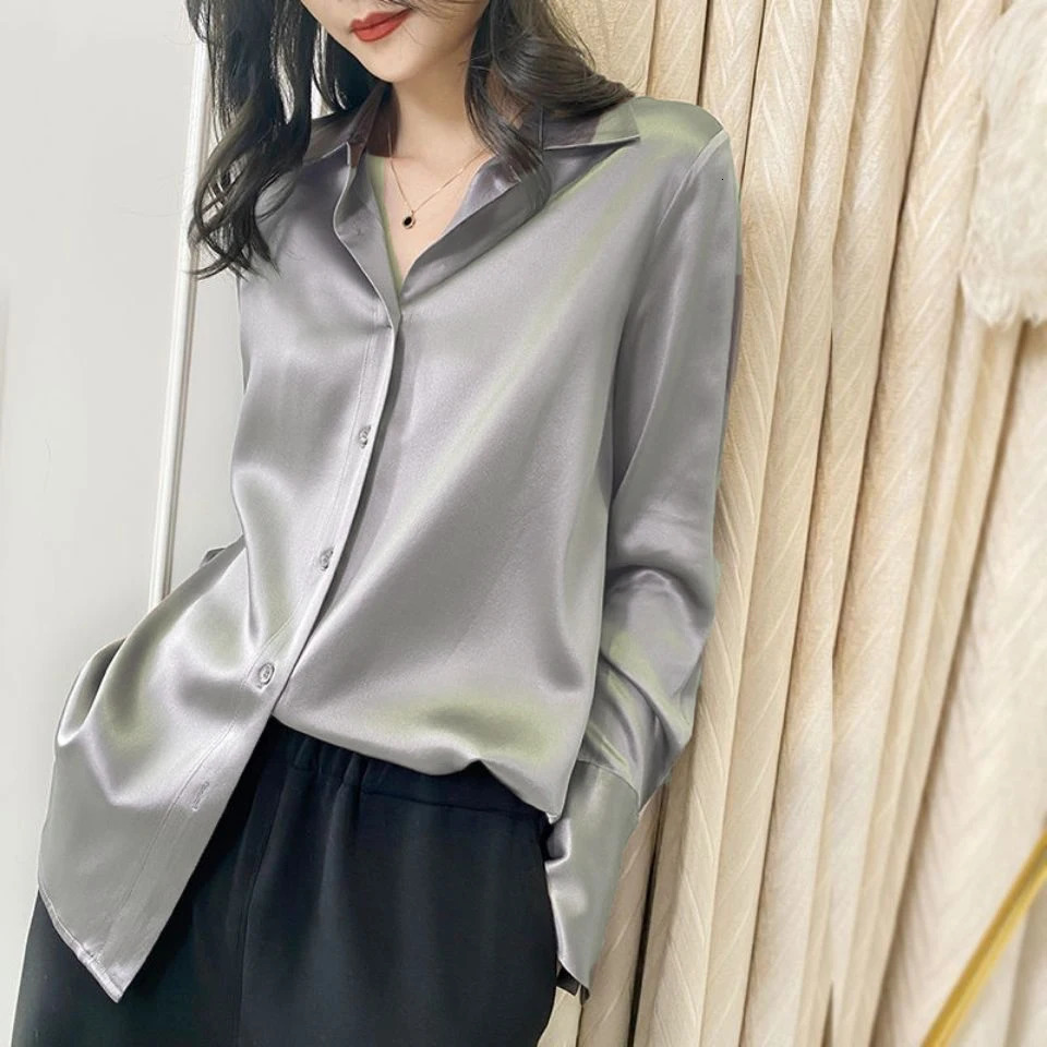 2024 Summer Trend Fashion Womens Casual Elegant Satin Long Sleeved Shirt Office Shirts And Blouses Slim Femal Clothes 241121