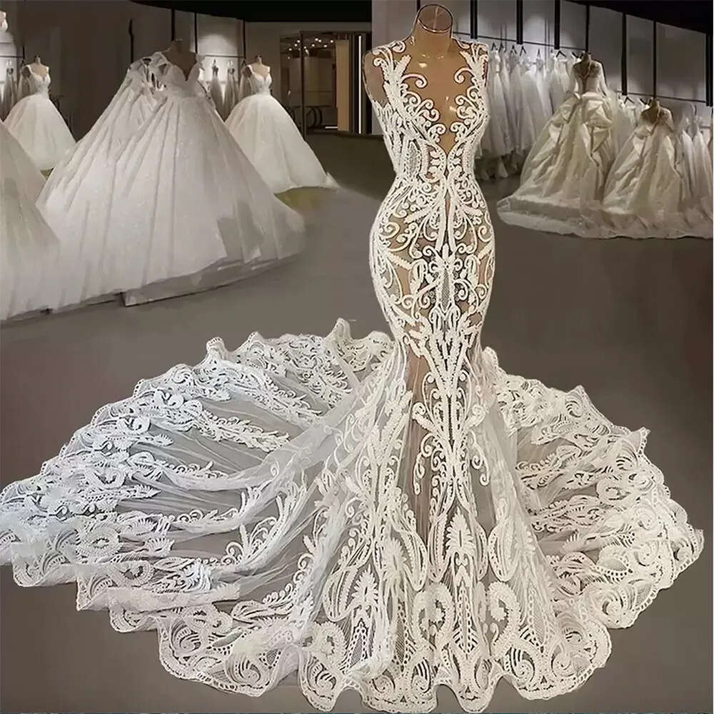 Lace Iovry Sexy Mermaid Wedding Dresses Sheer Jewel Neck Appliqued Country Bridal Party Gowns Vestidos De Novia