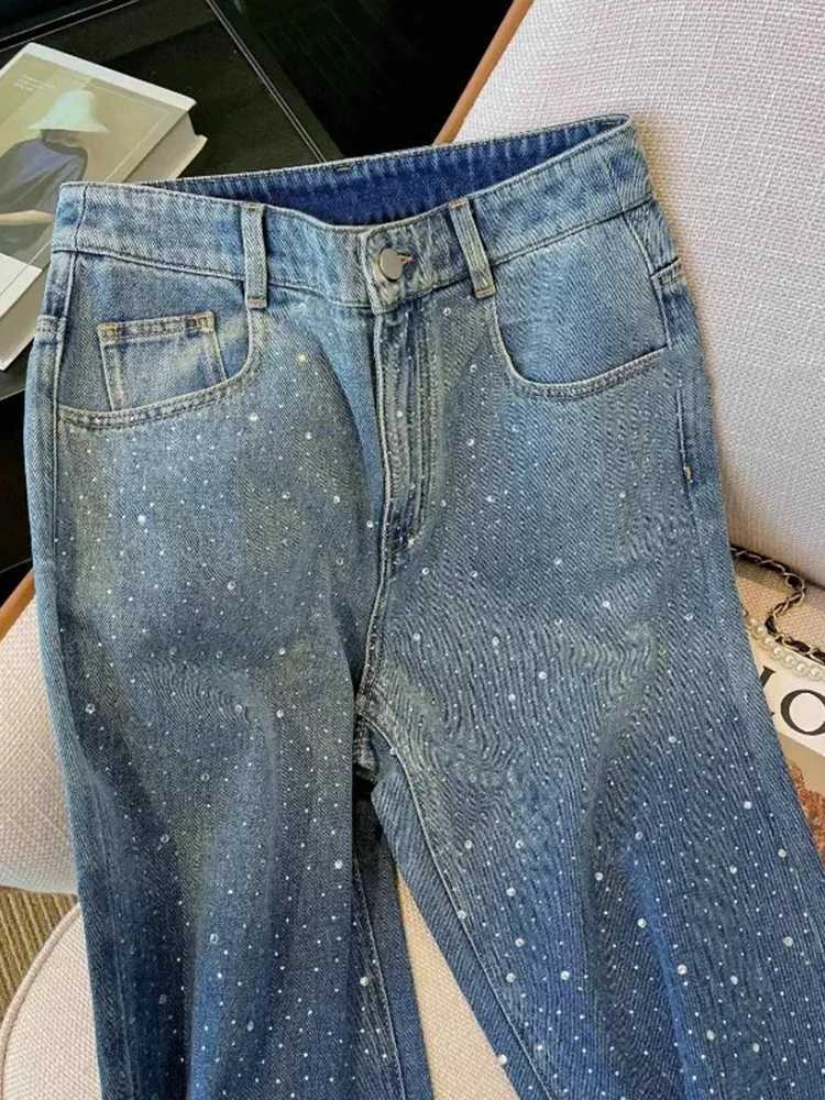 Women's Jeans Korean fashion womens high Strt style blue straight denim Trouser retro polka dot print high waist wide leg bag Y2K jeans pants H24