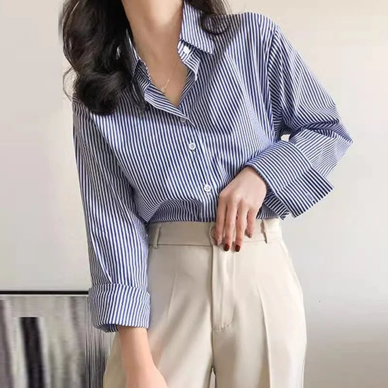 Classic Striped Woman Spring Autumn Blouses Shirt Lady Long Lantern Sleeve Stand Collar Loose Blusas Tops 241121
