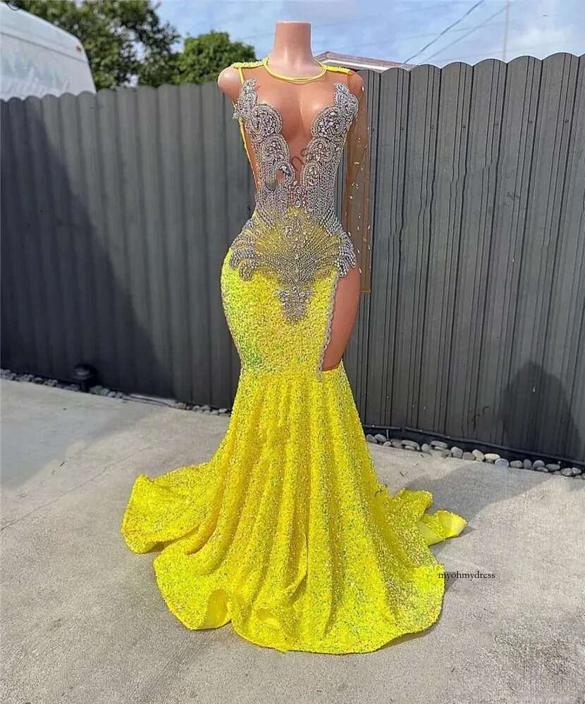 Yellow O Neck Long Prom Gowns For Black Girls Beaded Crystal Birthday Party Dresses Sequined Evening Dress Robe De Bal 0431