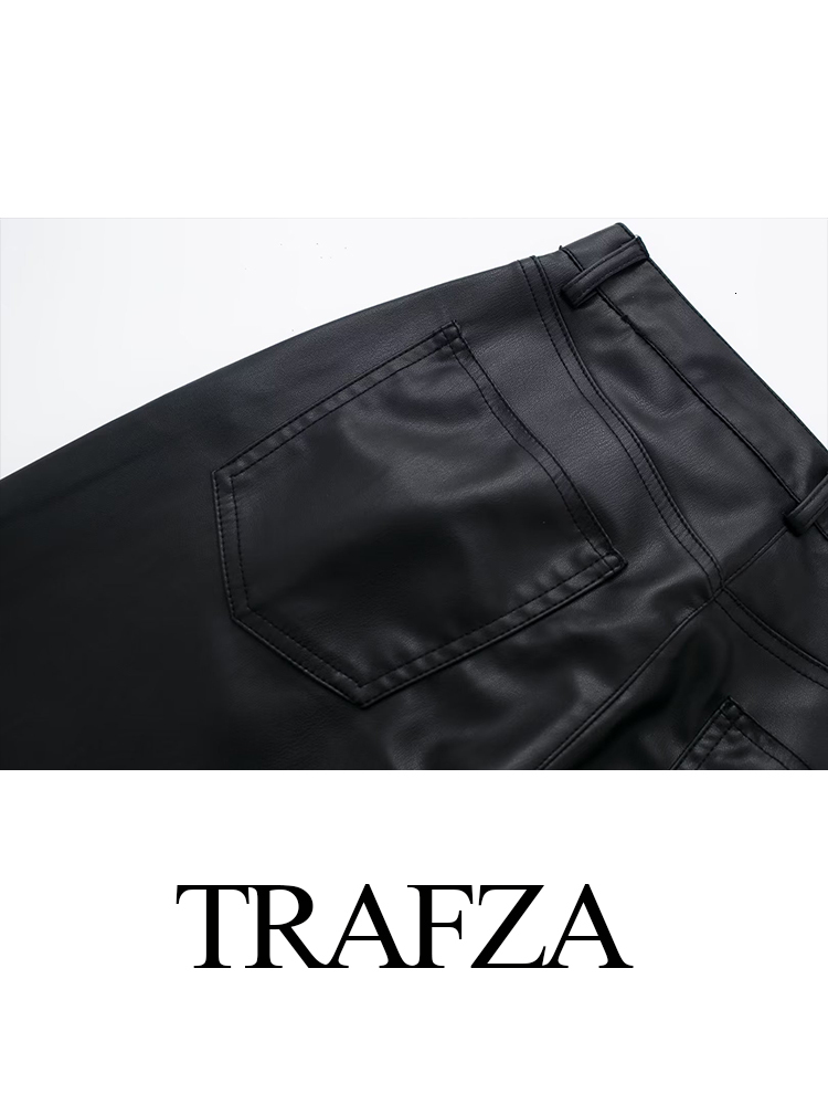 Woman Elegant Fashion High Waist Trouser Chic Straight Streetwear Wide Leg Pant Female Faux Leather Pants