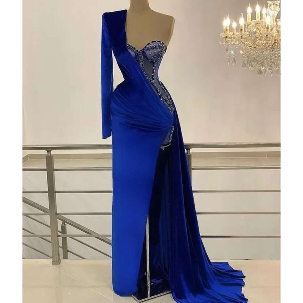 Mermaid Royal Prom Veet Blue Dresses One Shoulder Side Split Beads Evening Dress Custom Made Appliques Ruffles Floor Length Celebrity Party C G