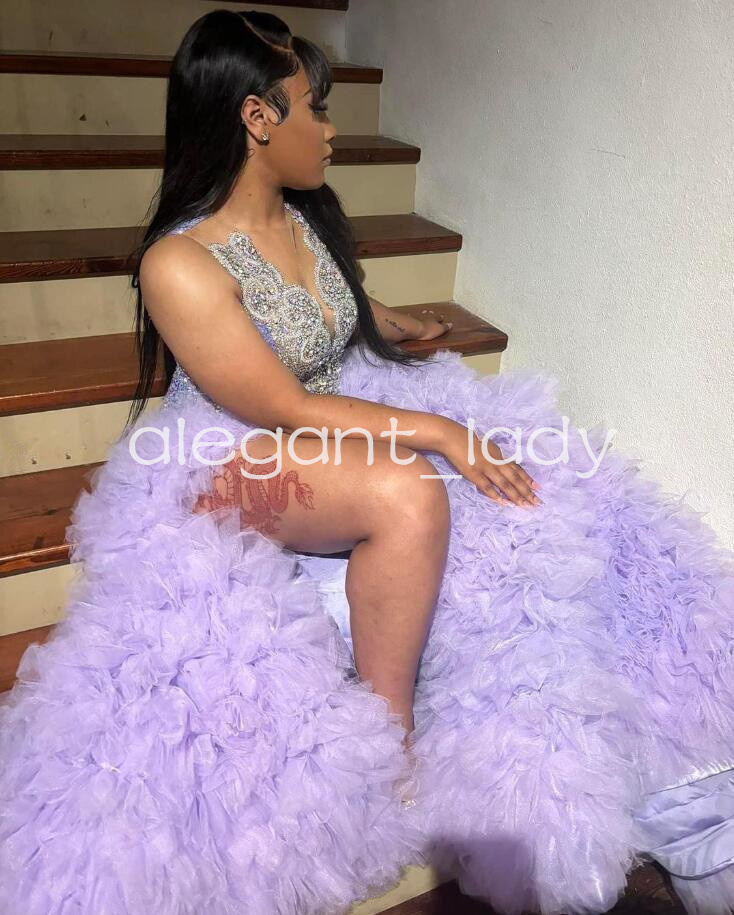 Lilac Purple Princess Evening Ceremony Dresses for Black Girl Plus Size Sparkly Diamond Slit Mermaid Prom Birthday Gala Gown