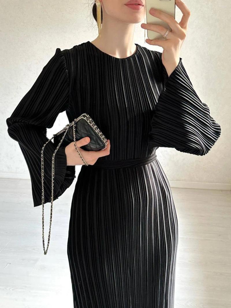 Maxi Dress Women , Round Neck Elegant Flare Long Sleeve Pleated Slim Casual Dresses For Office Streetwear
