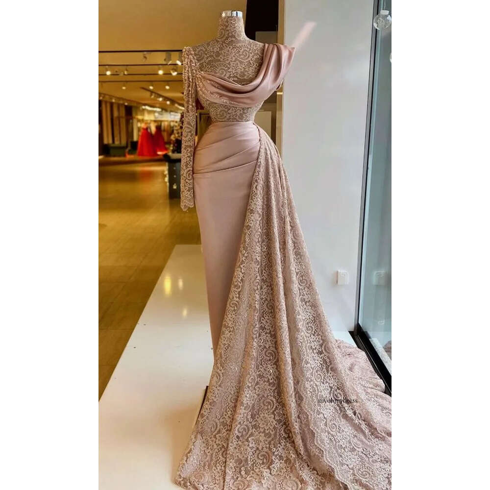 Blush Pink Evening Dresses 2021 Sexy Sheer Lace Indian Style Long Sleeve High Neck Plus Size Dubai Women Formal Prom Party Gowns 0431
