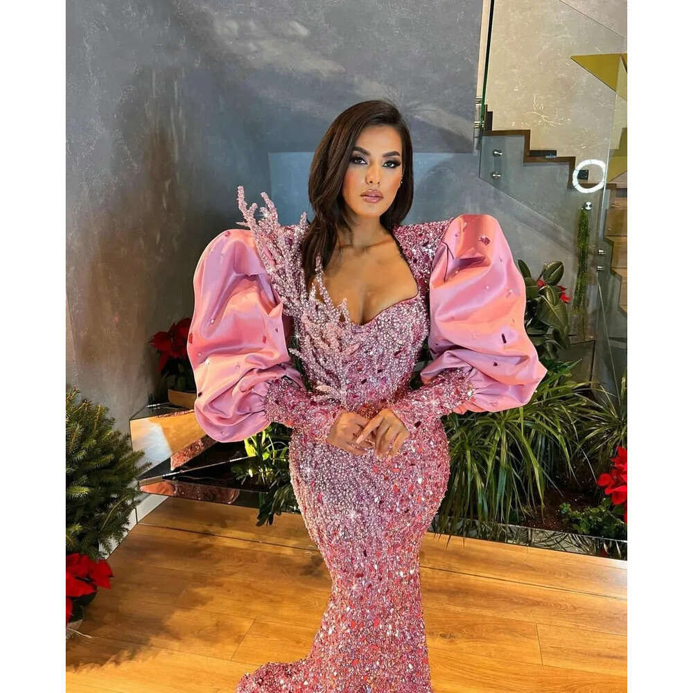Prom Mermaid Sparkly Sequins Pink Dresses Puff Long Sleeves Plus Size Beaded Formal Birthday Party Gowns For Africa Women