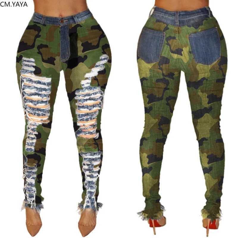 Women's Jeans 2019 Autumn Winter Womens Denim Pants Womens Tight Hole Splicing Camouflage Printed Jeans Sexy Pencil Bandage Trouser H241130