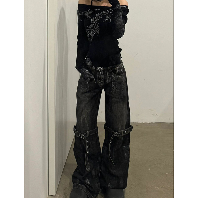 Black Women's Jeans High Waist Hip Hop Straight Fashion Pants Streetwear Haruku Y2k Star 2024 Female Wide Leg Denim Trouser