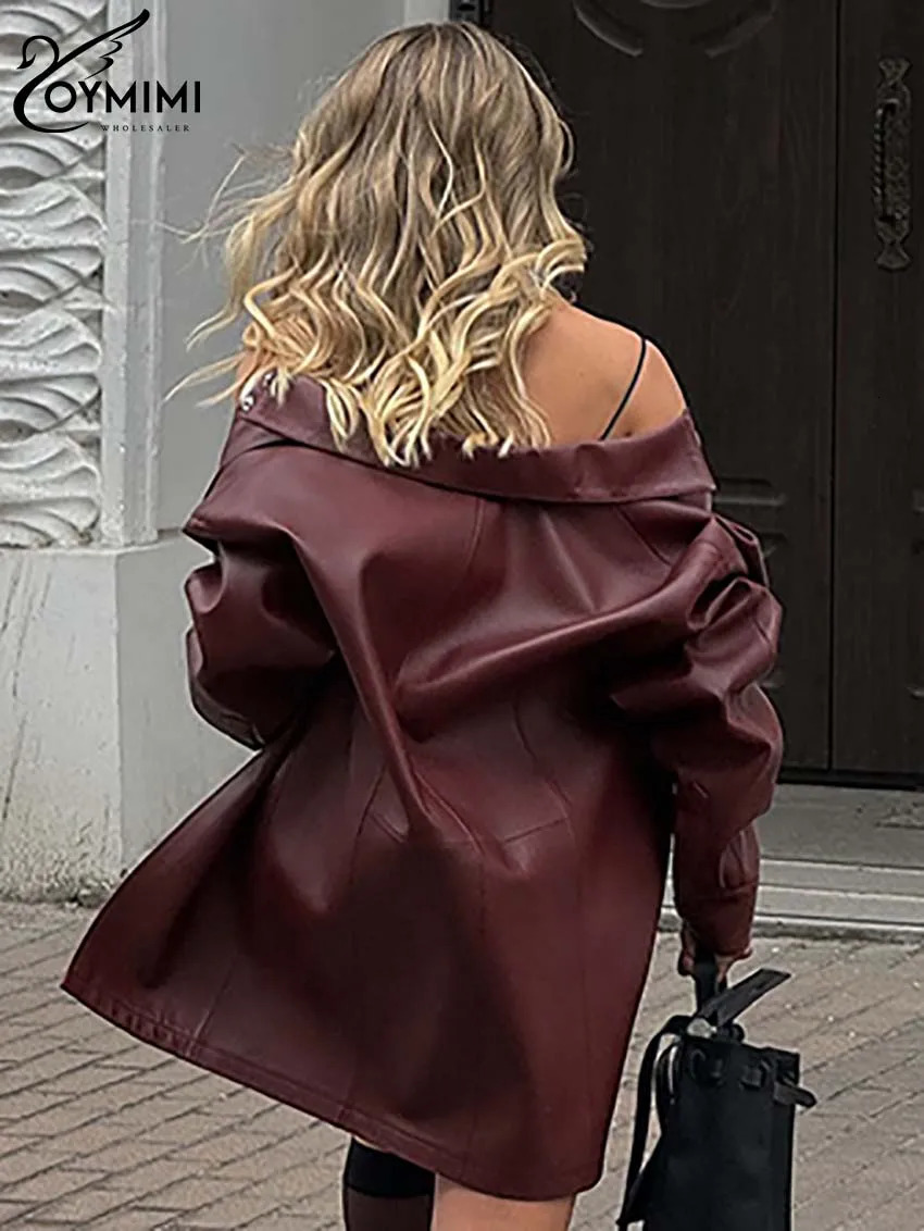 Oymimi Fashion Wine Red Pu Leather Womens Two Pieces Set Elegant Long Sleeve Button Shirts And Spaghetti Strap Mini Dress Sets 241129