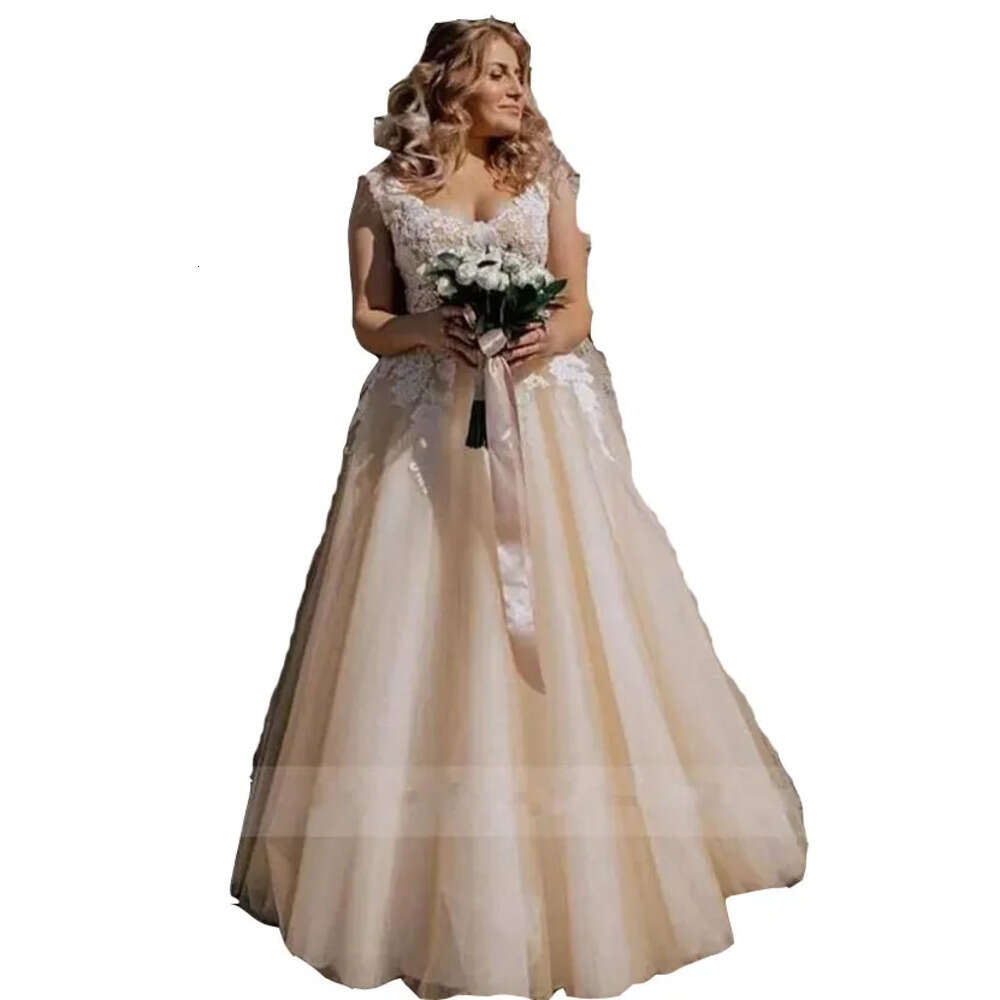 Light Bridal Wedding Dresses Gowns Champagne A Line White Lace Applique Covered Buttons Corset Back Floor Length Tulle Country Beach Vestido De Novia 