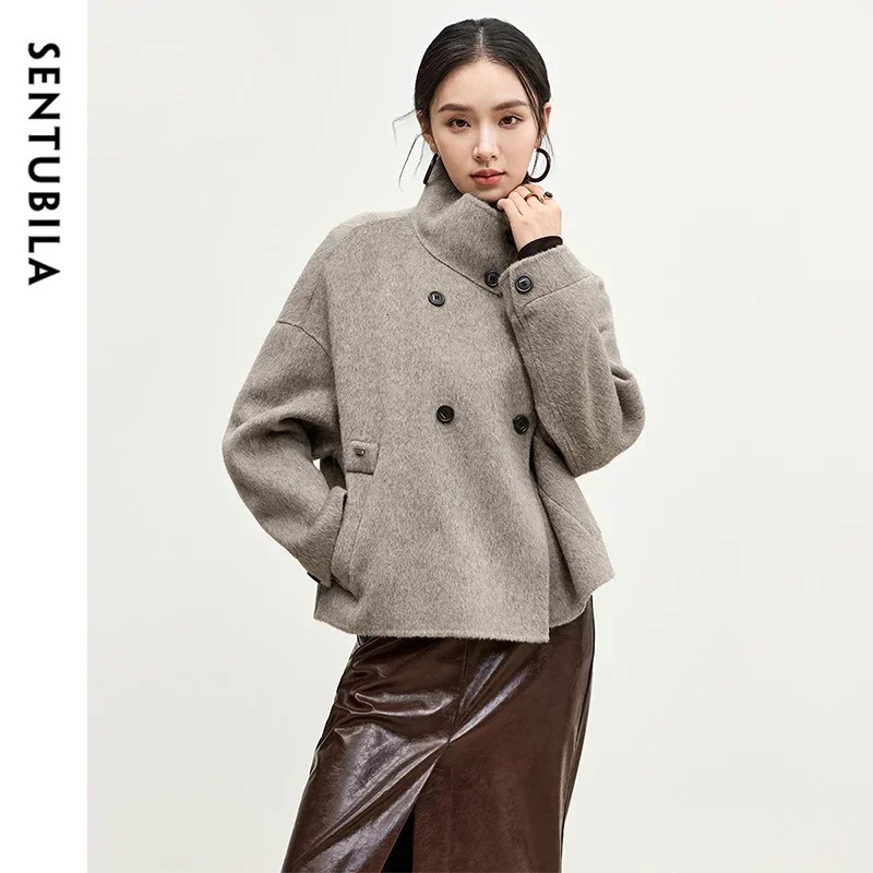 SENTUBILA 100 Wool Coats for Women 2024 Winter Stand Neck Double Sided Temperament Cropped Outerwears Hight Quality W44O56626 241129