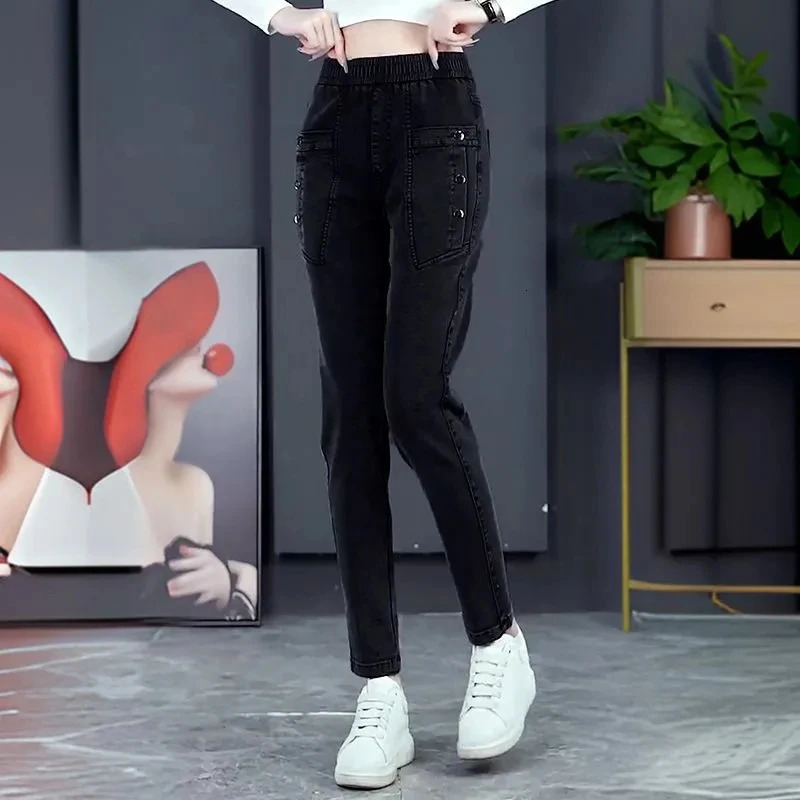 Womens pants plus size Harun jeans wool high waisted ultra-thin elastic casual pants suitable for womens Pantalones De Mezclilla De Mujer 241122