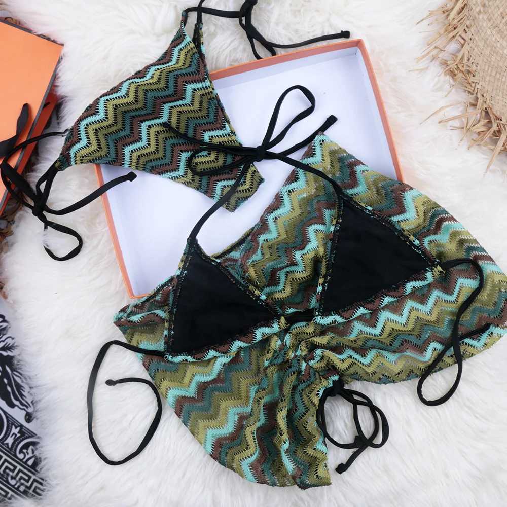 Women's Swimwear Colorful Ripples Bikini 2024 3-Piece Swimsuit Womens Swimsuit Brazilian Bikini Set Ruched Skirt Beachwear H241130