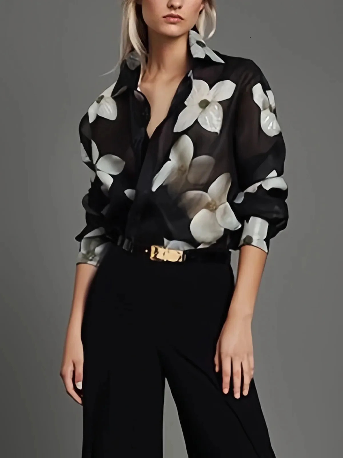 Spring Summer Long Sleeves Loose Floral Printed Lapel Blouses 2024 Casual Button Office Shirts For Urban Lady 241121