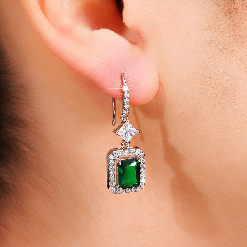 Radiant Emerald Green CZ Sterg Sier Dangle Earrings For Women 4