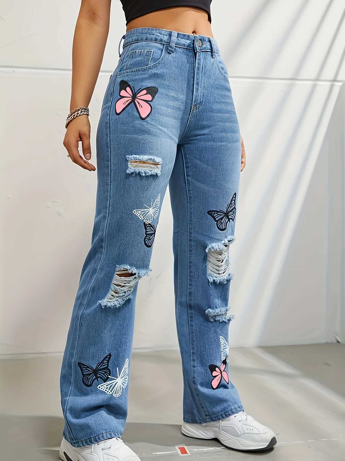 Women's Jeans Butterfly print denim Trouser womens hole denim straight pants high waist loose fit suitable for retro 2024 casual tight denim H241