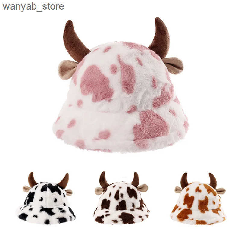 Wide Brim Hats Bucket Autumn and winter new cow print horn fisherman hat female Korean fashion plush thickened warm basin L240910