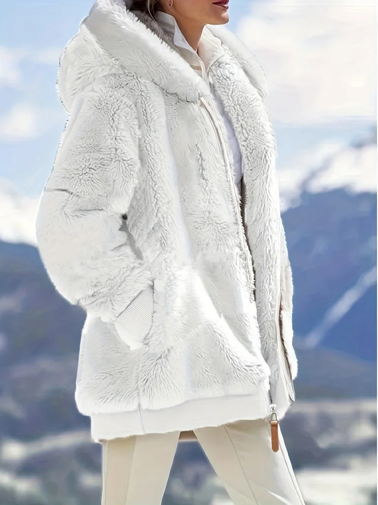 Womens Jacket Plush Zipper Pocket Hooded Long Sleeve Solid Fur Casual Loose Warm Winter Ladies Coats 2024 Fashion Thick Clothes 241121Z