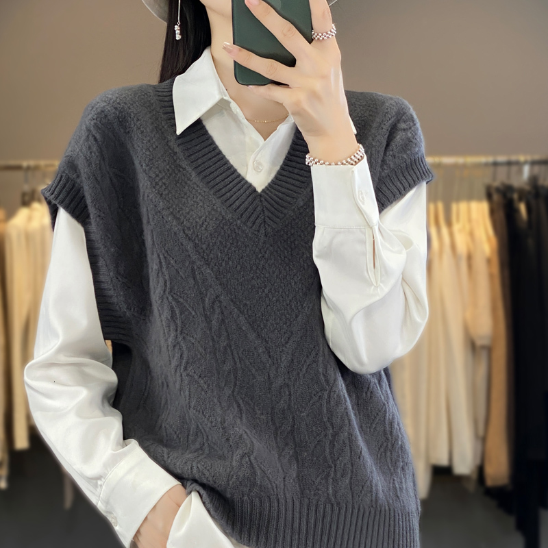 Women V-Neck Solid Color Pullover Warm Loose Knit Vest For Autumn Winter 100% Merino Wool Sweater