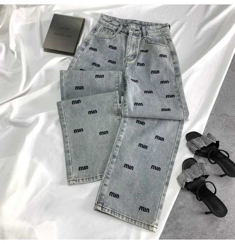 Women's Jeans Y2K Narrow Shine Diamond High Waist Cowboy Straight Leg Pants Suitable for Womens Winter New Fashionable Slimming Wide Leg Pants H2