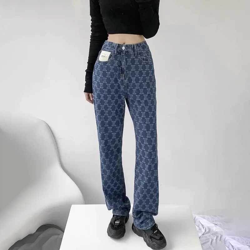Women's Jeans Vintage Blue Letter Embroidered Y2k Bag Denim Womens Knitted Denim Trouser High Waist Jacquard Pattern Pants H241130