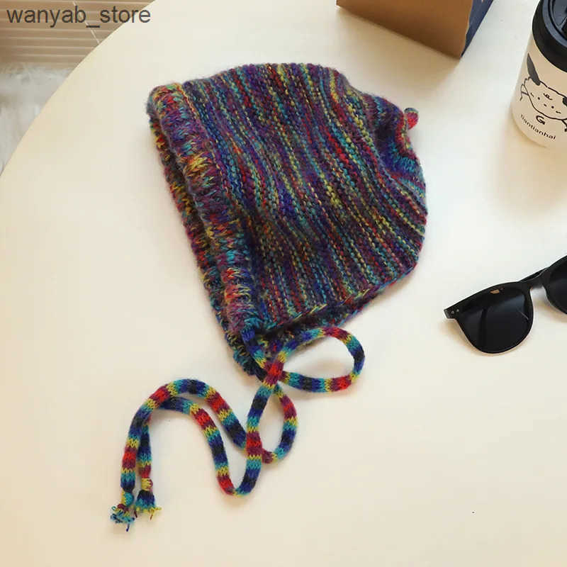 Wide Brim Hats Bucket Hats Rainbow Striped Ear Flap Hats Classic Coldproof Knit Hats Warm Skull Cap Trendy Beanies For Women Female Autumn Winter L240